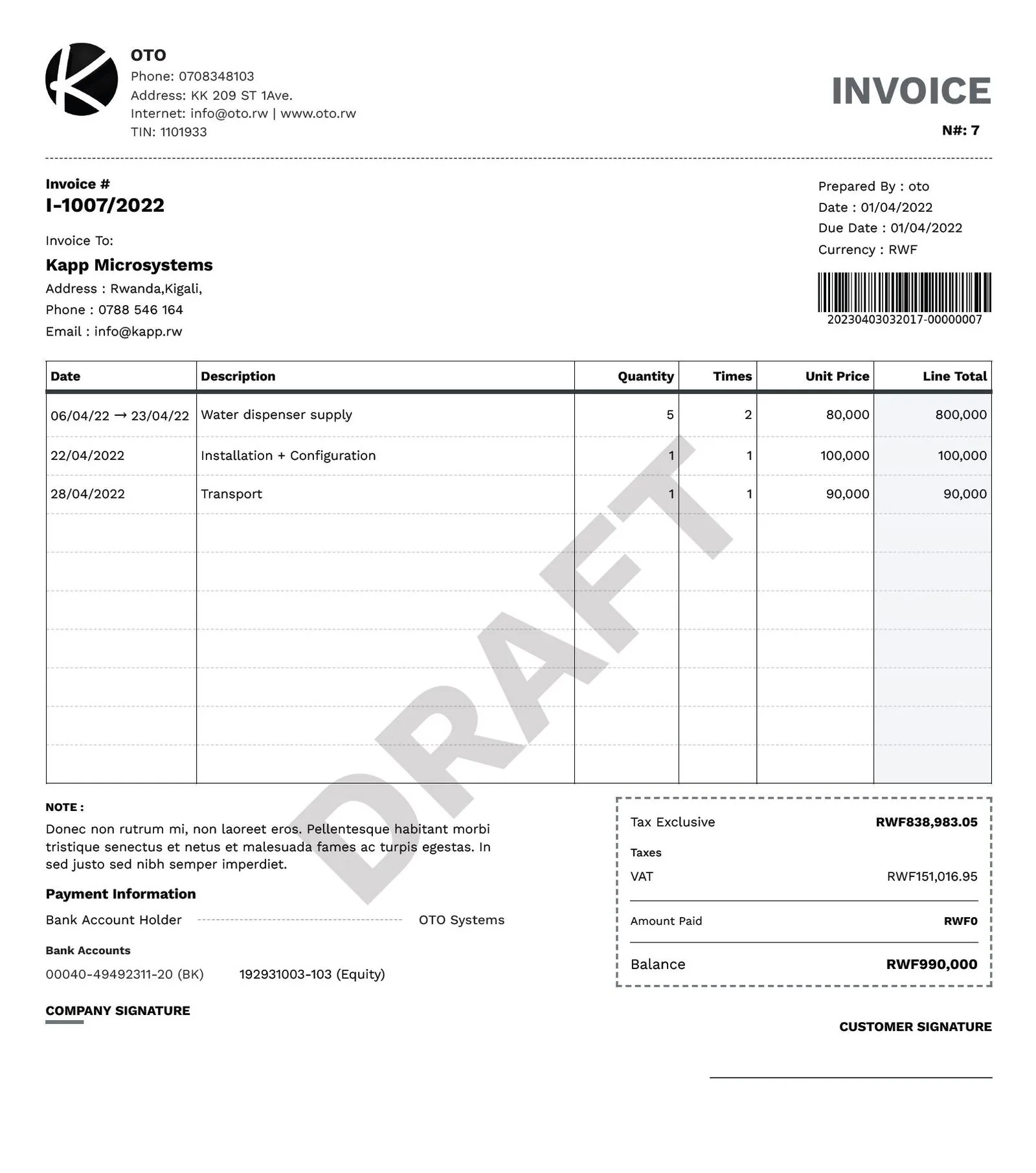 OTO POS Receipt